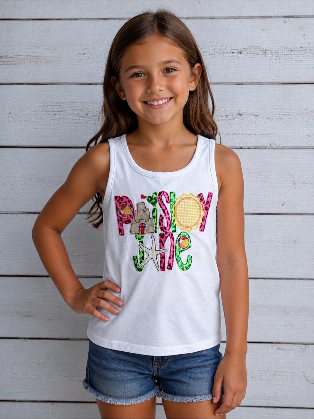 Old Navy White Tank Top with Bright Multicolor Beach Appliqué